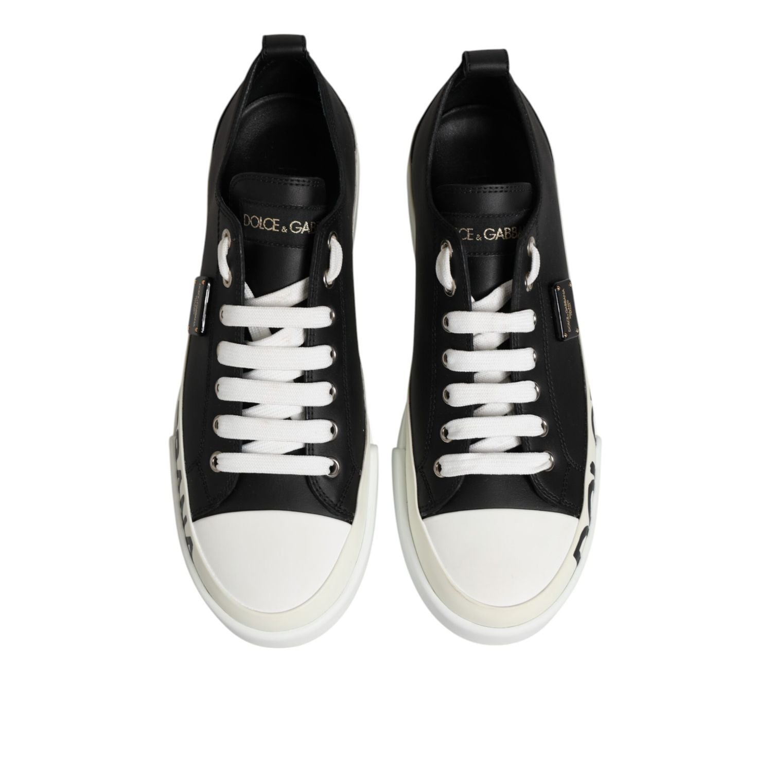 Dolce & Gabbana Black White Leather Low Top Sneakers Shoes
