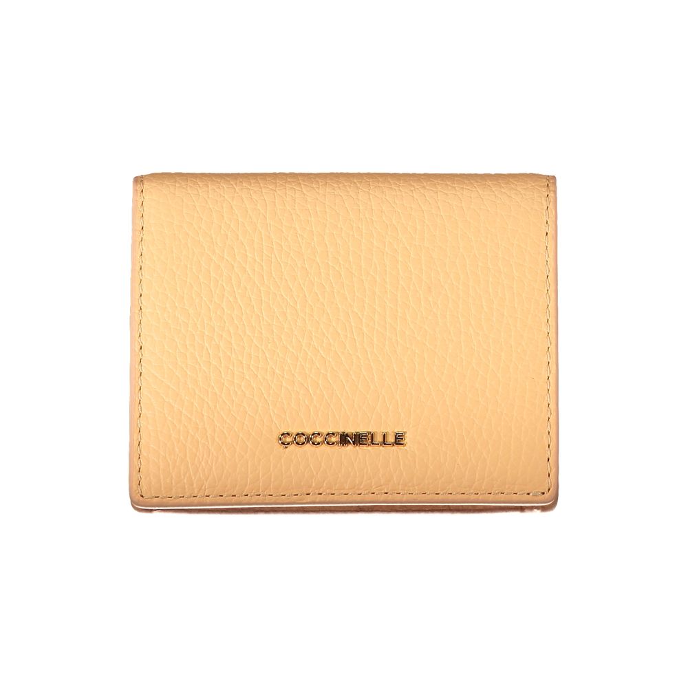 Coccinelle Orange Leather Wallet with logo, automatic closure, two compartments, coin purse, and card spaces.