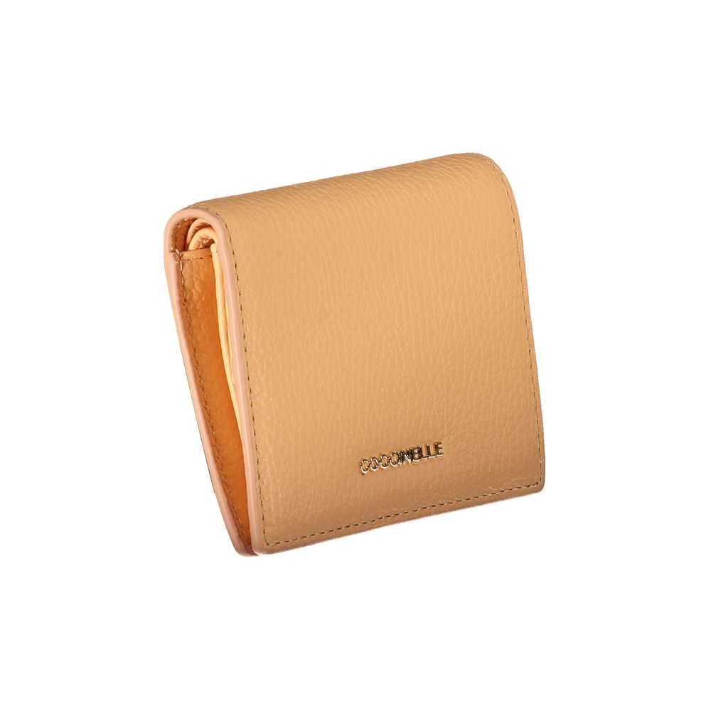 Coccinelle Orange Leather Wallet with 2 compartments, coin purse, card spaces, and automatic closure, featuring logo.