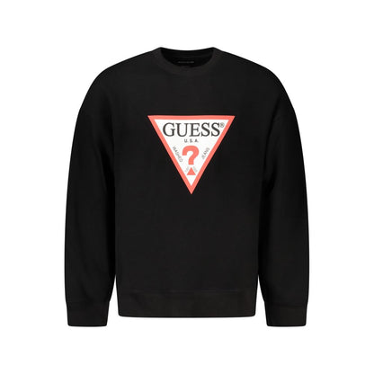 Guess Jeans Black Cotton Men Sweater with bold logo print, crew neck, trendy appeal, comfortable cotton blend, oversized long sleeve design.