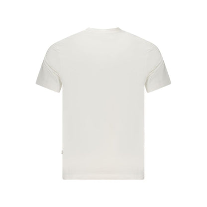 Back view of Guess Jeans White Cotton T-Shirt, regular fit, short sleeves, crew neck, featuring printed logo. Made from organic cotton.