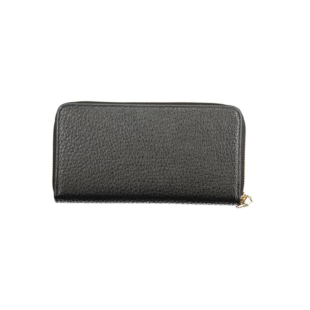 Alt Tag: Mario Valentino Black Polyethylene Wallet with zip closure, six compartments, and coin purse.
