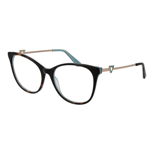 Guess brown acetate full-rim butterfly women's optical frames with demo lenses, includes branded case and spring hinges.