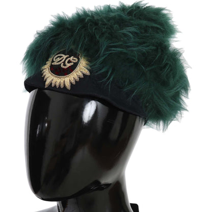 Dolce & Gabbana Green Fur DG Logo Embroidered Cloche Hat Hat