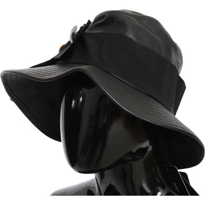 Dolce & Gabbana Black Leather DG Coin Crystal Wide Brim Hat Hat