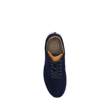 Top view of Tod's Blue Calf Leather Bos Taurus Low Top Sneakers with suede upper and rubber detail.