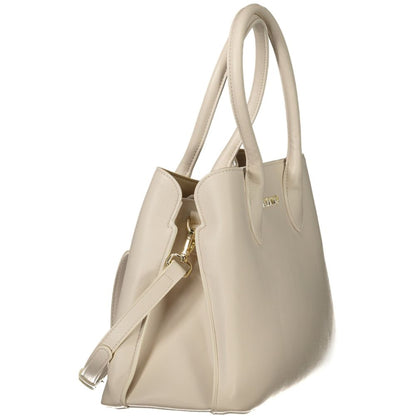 Mario Valentino Beige Polyethylene Women Handbag with detachable shoulder strap and protective feet, side view of chic design.