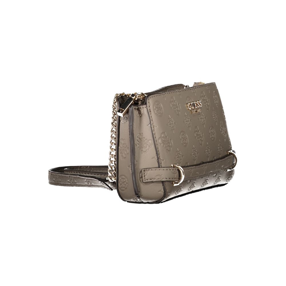 Guess Jeans Brown Polyethylene Women Handbag with chain strap and embossed design, featuring multiple pockets and zip closure.