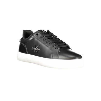 Calvin Klein Black Leather Men Sneaker with white details and logo, featuring a removable insole for comfort and high-fashion style.