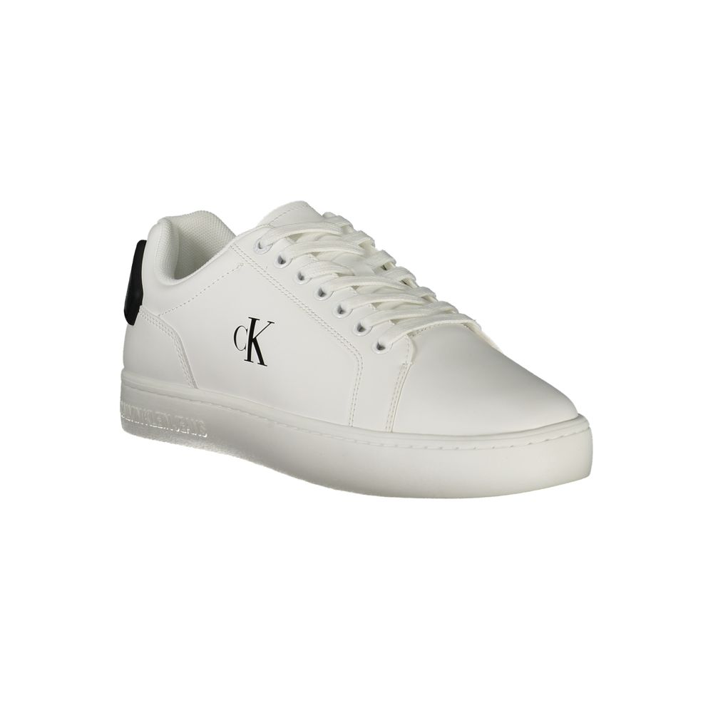 Calvin Klein White Leather Men Sneaker with black accents and removable footbed for comfort and style.