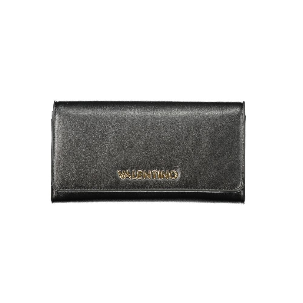 Mario Valentino Black Polyethylene Women Wallet with logo, sleek design, two compartments, coin purse, and cardholder spaces.