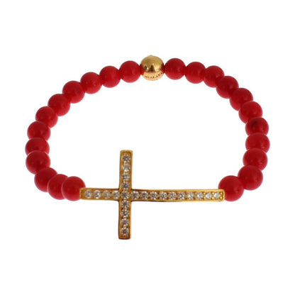 Nialaya Red Coral Gold CZ Cross 925 Silver Bracelet Bracelet