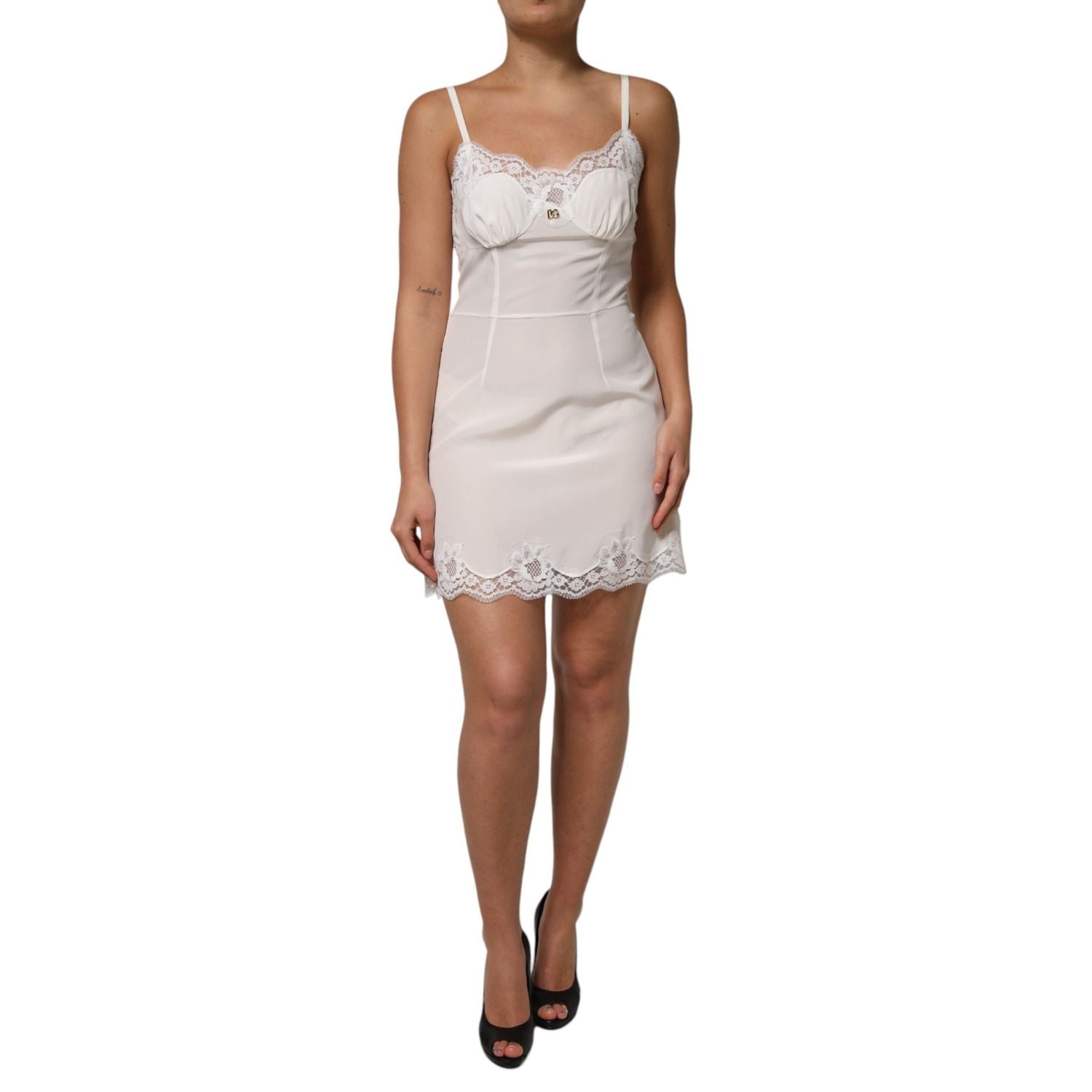 Dolce & Gabbana White Lace DG Logo Silk Dress Sleepwear