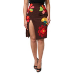 Dolce & Gabbana Brown Floral High Waist Side Slit Skirt