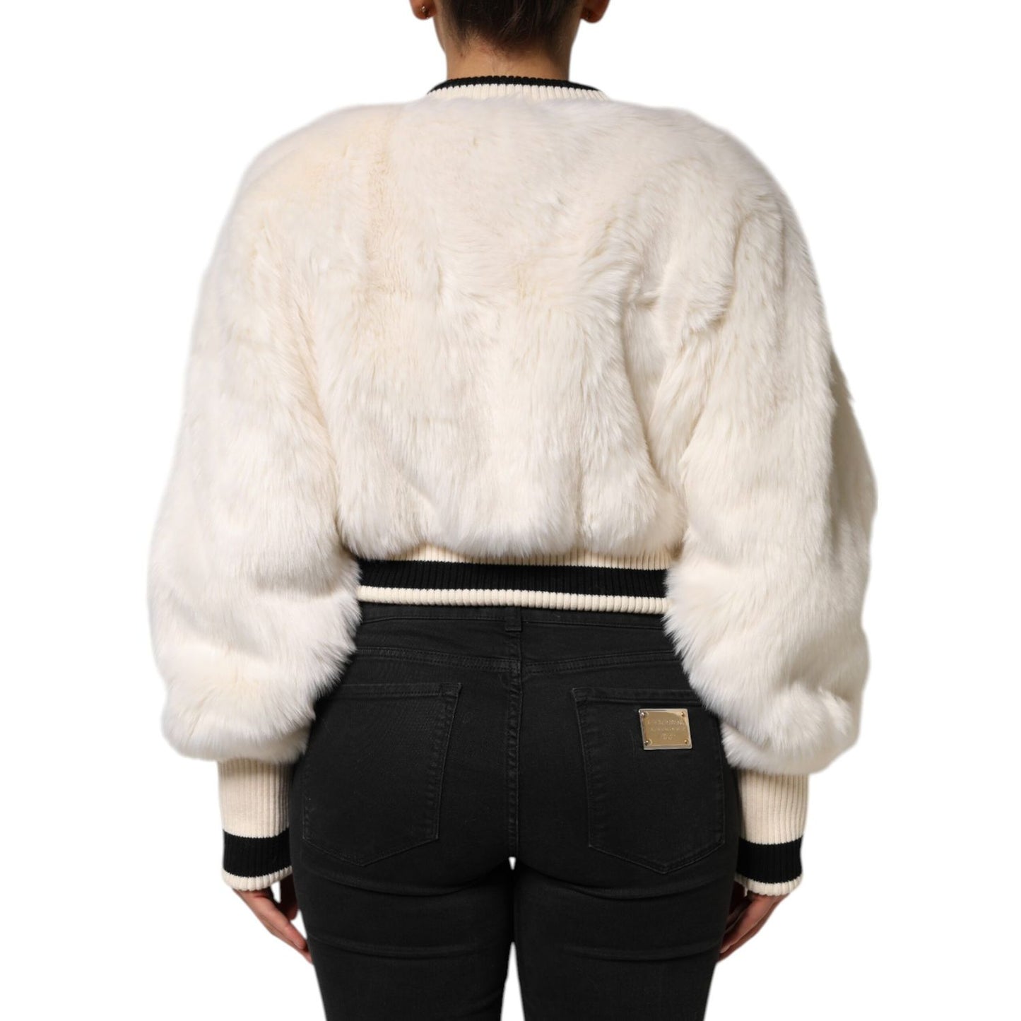 Dolce & Gabbana White Cropped Faux Fur DG Sweatshirt Sweater