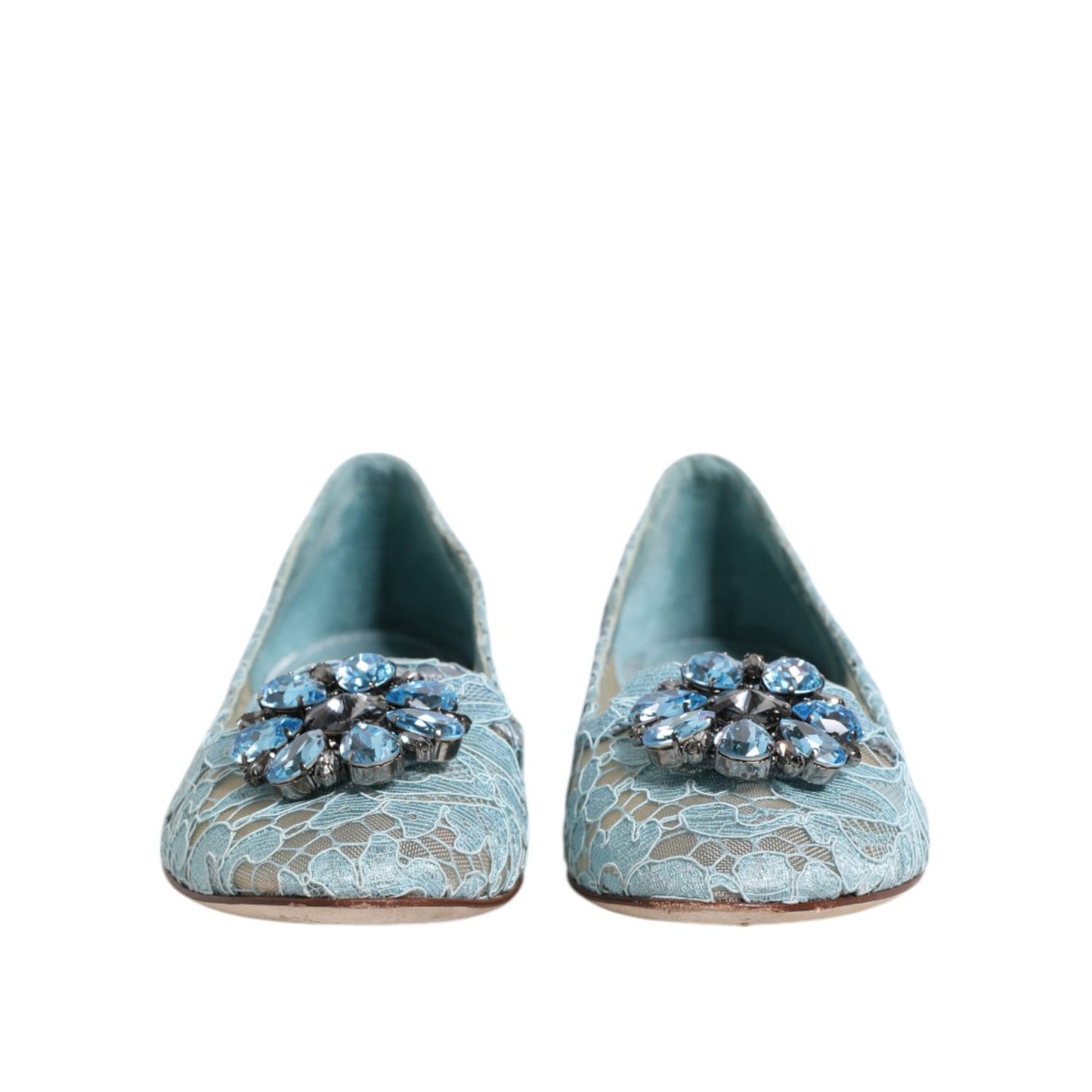 Dolce & Gabbana Blue Lace Crystal Ballet Flats Loafers Shoes