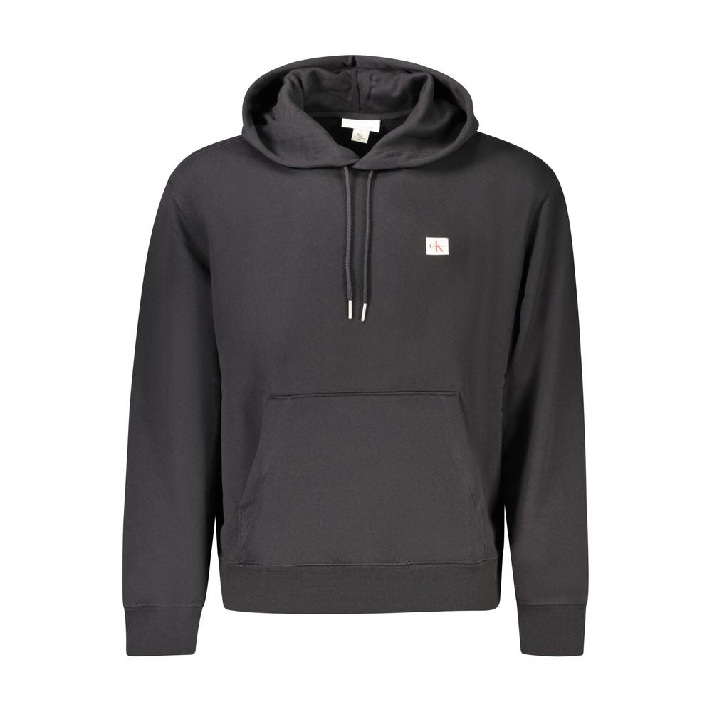 Calvin Klein Black Cotton Men Sweater with hood and pocket, featuring a prominent logo, blending style and comfort in a sleek design.