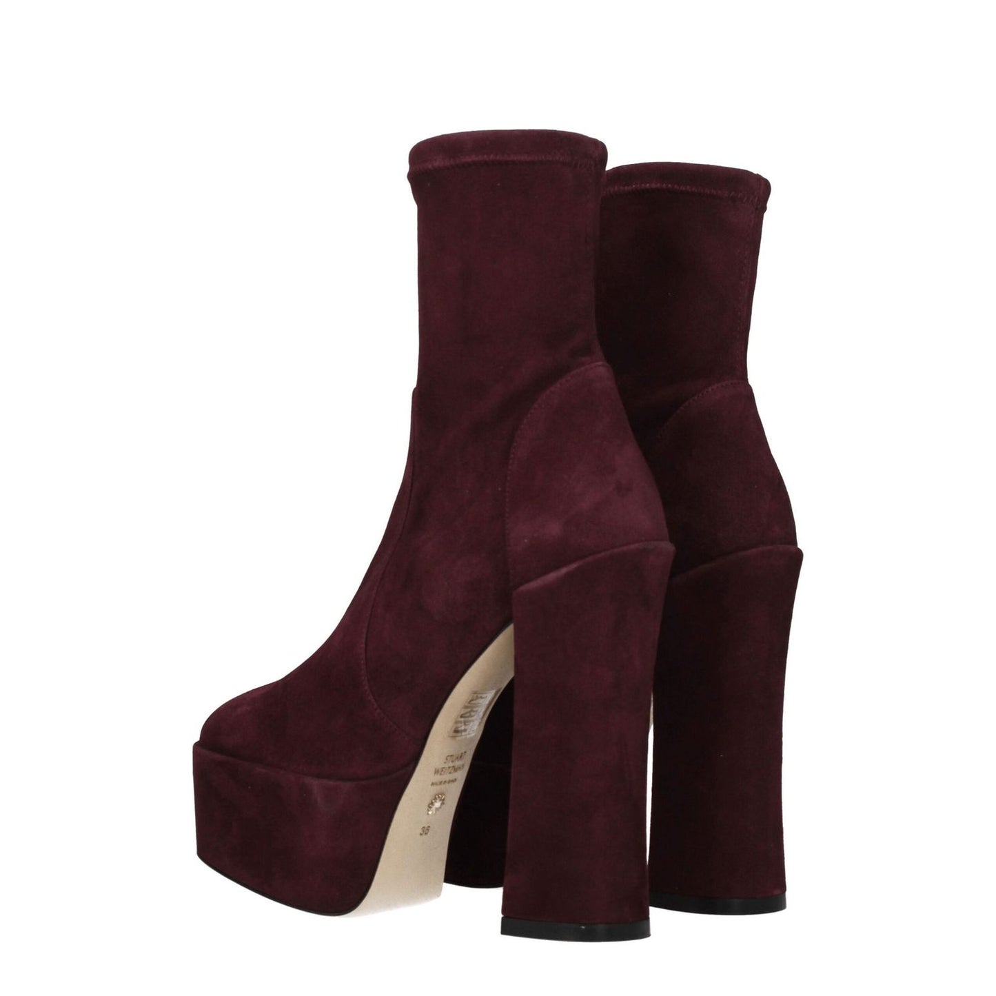 Stuart Weitzman Purple Leather Ankle Boots with high heels and round toes, made from suede with leather soles, back view