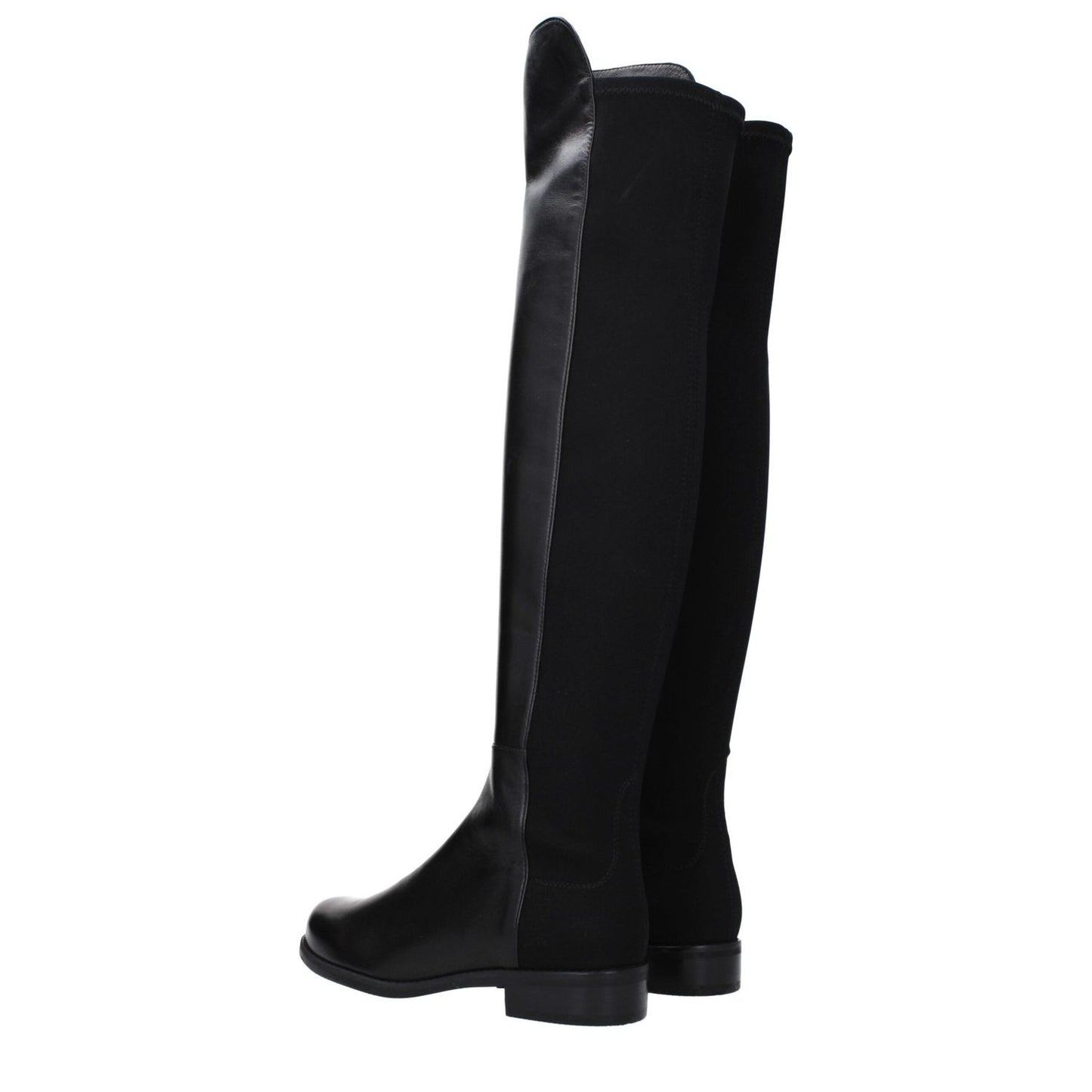 Stuart Weitzman Black Leather Over The Knee boots with a low flat heel, vintage effect, round toe, and rubber sole.