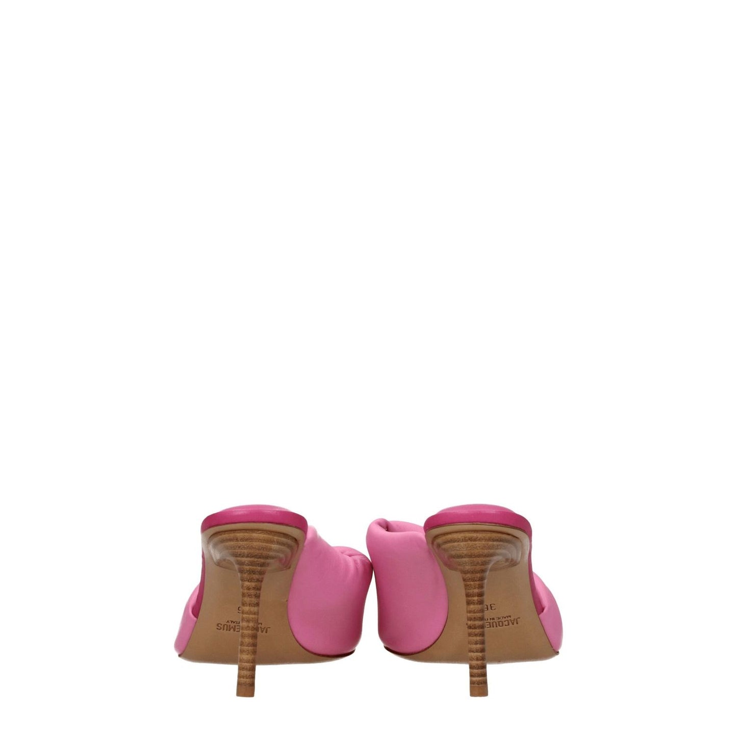 Back view of Jacquemus Pink Leather Stiletto Heel Sandals with mid heels and open toe design, MPN 221FO0254022430, casual style.