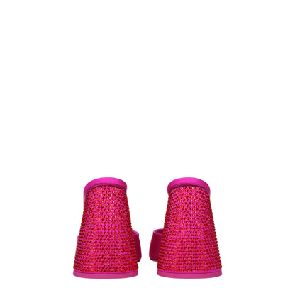 The Attico Pink Satin Platform Sandals with rhinestone embellishments and high heels, back view showcasing elegant design and vibrant fuchsia color.