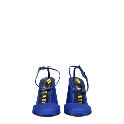 The Attico Blue Satin Platform Sandals with buckle closure and high heel, casual style, round toe front view.