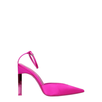 The Attico Pink Satin Stiletto Heel Sandals with buckle closure, 10.5 cm high heel, leather sole, pointy toe design.