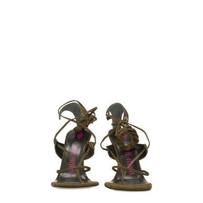 The Attico Green Leather Flip-Flop Sandals with self-tie closures and high heel, suede material, open toe design, back view.