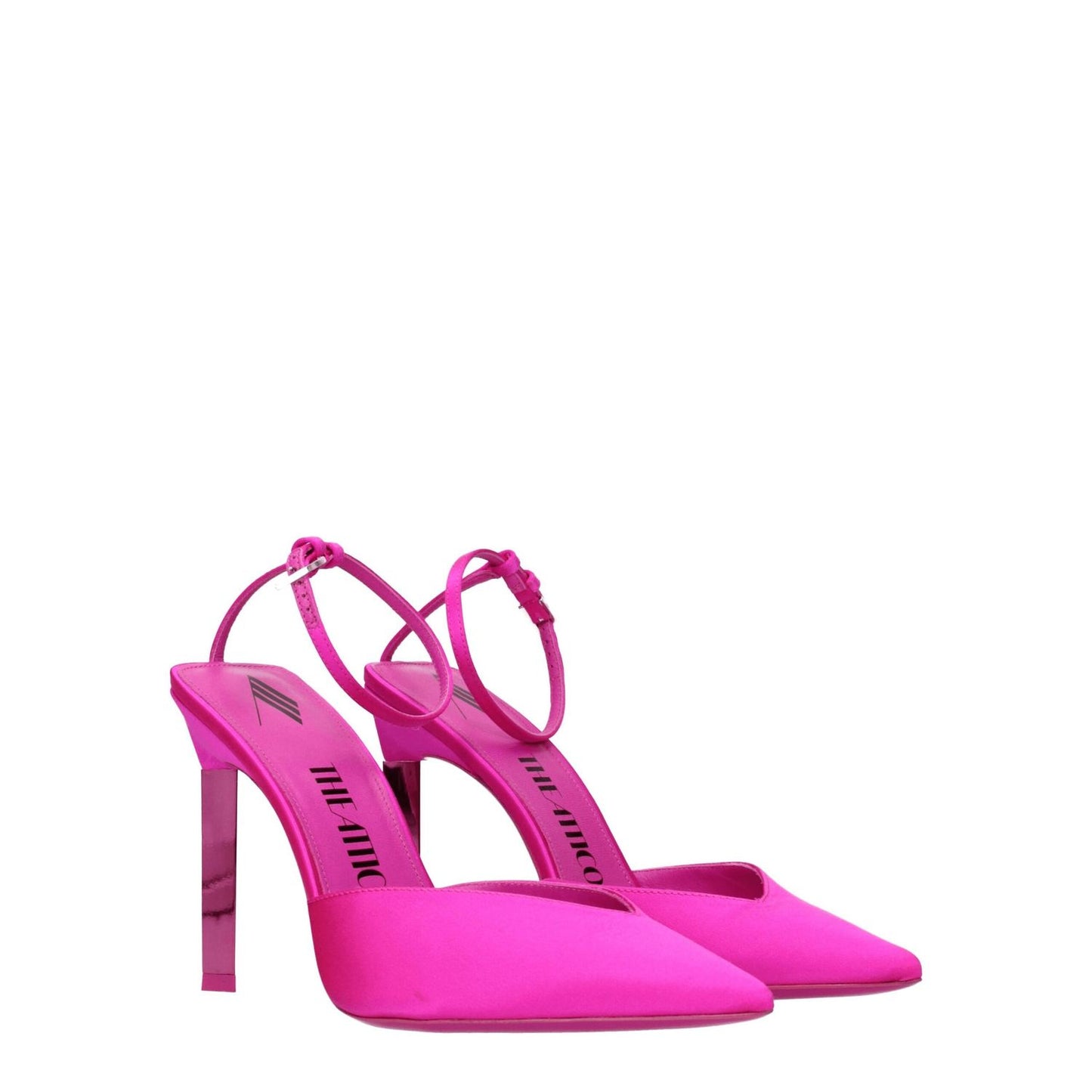 The Attico Pink Satin Stiletto Heel Sandals with pointy toe and buckle closure, featuring a 10.5 cm leather sole high heel.