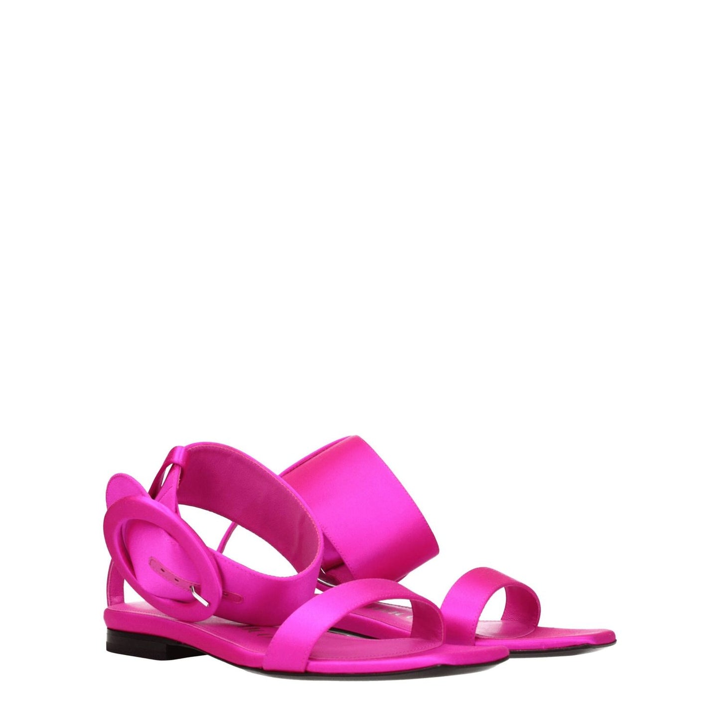 The Attico Pink Satin Flat Sandals with buckle closure and open toe design, made of fuchsia satin and leather sole.