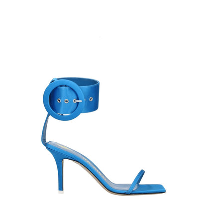 The Attico Light Blue Satin Stiletto Heel Sandals with buckle closure, open toe, and mid heels, made from satin leather.