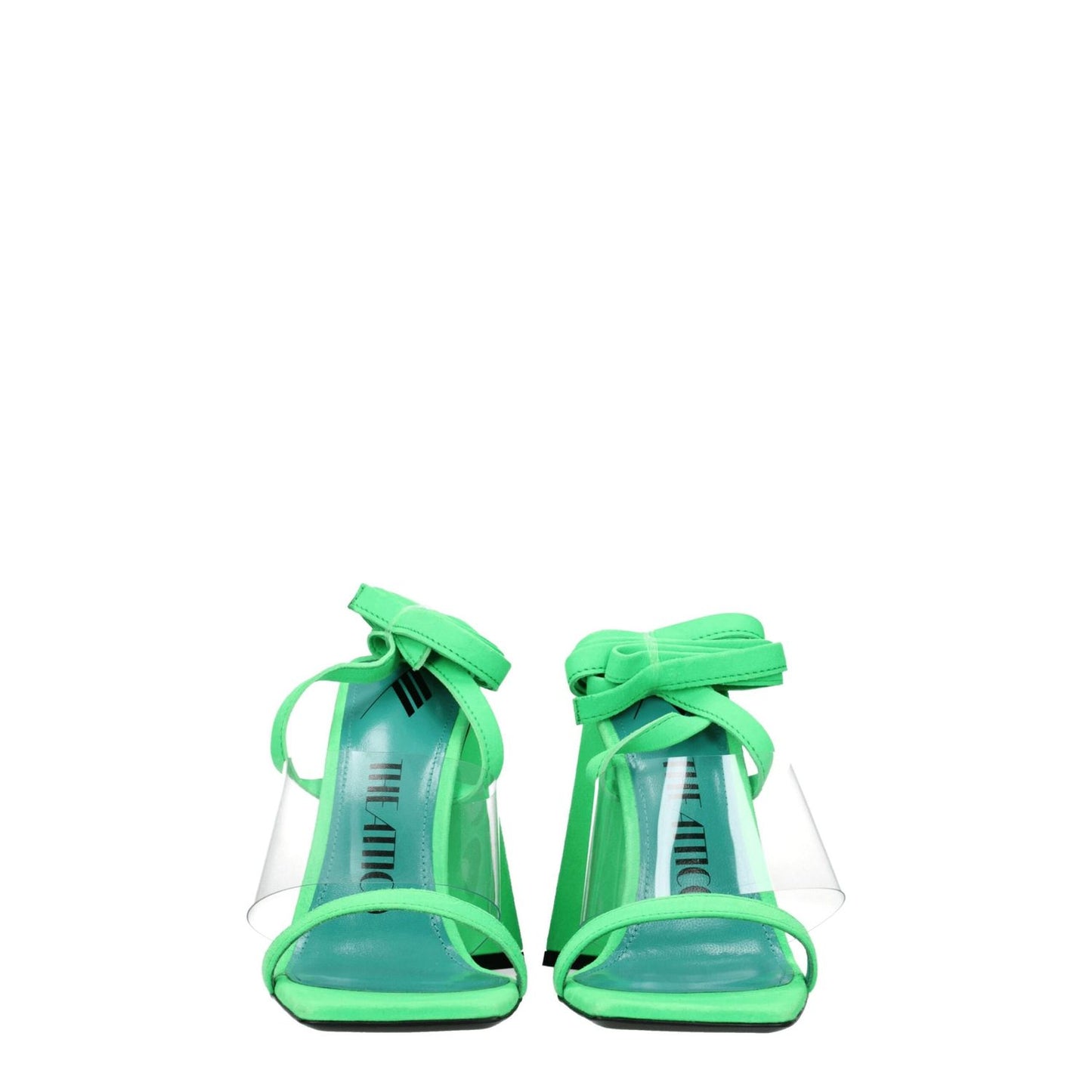 The Attico Transparent Leather Flat Sandals with green suede and self-tie closures, featuring high heel and round toe design.