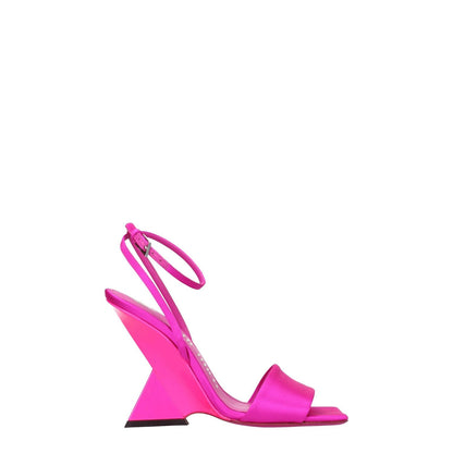 The Attico Pink Satin Platform Sandals with high heel, open toe, and self-tie closure, featuring fuchsia satin and leather sole, side view.