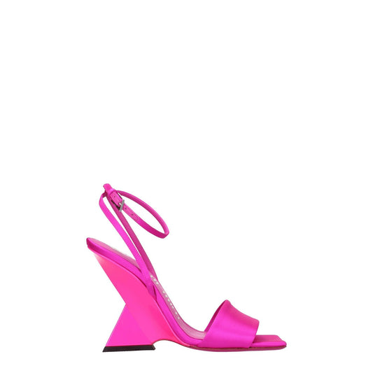 The Attico Pink Satin Platform Sandals with high heel, open toe, and self-tie closure, featuring fuchsia satin and leather sole, side view.