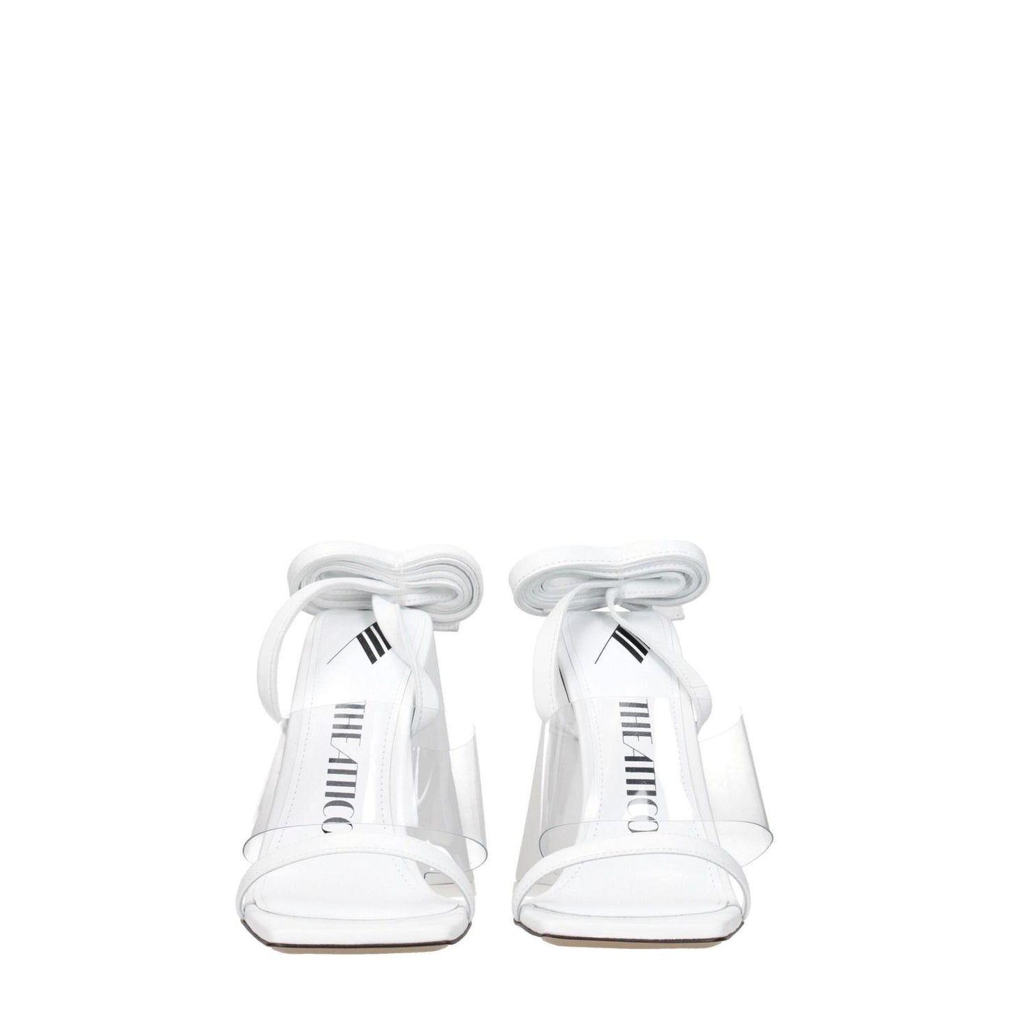 The Attico White Leather Stiletto Heel Sandals featuring open toe and self tie closures.