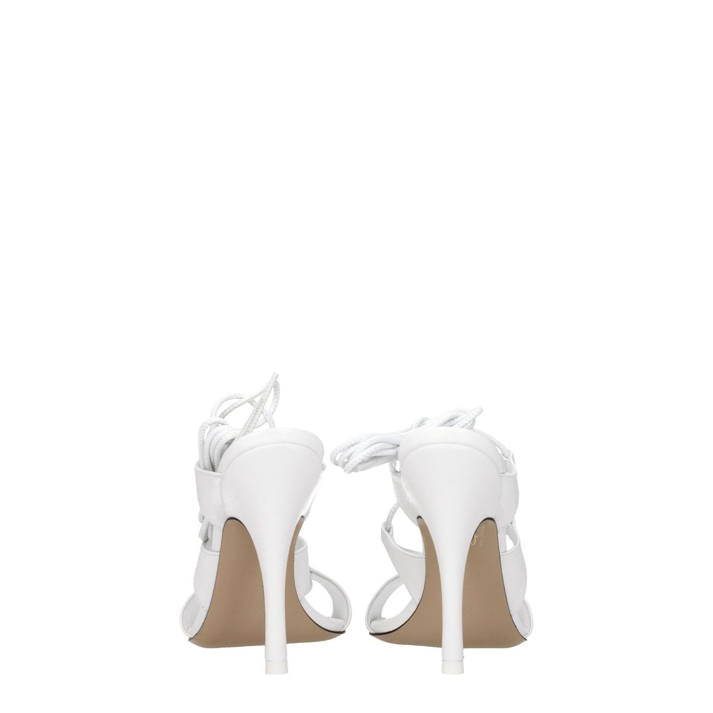 Back view of The Attico White Leather Stiletto Heel Sandals with self-tie closures and high heels.
