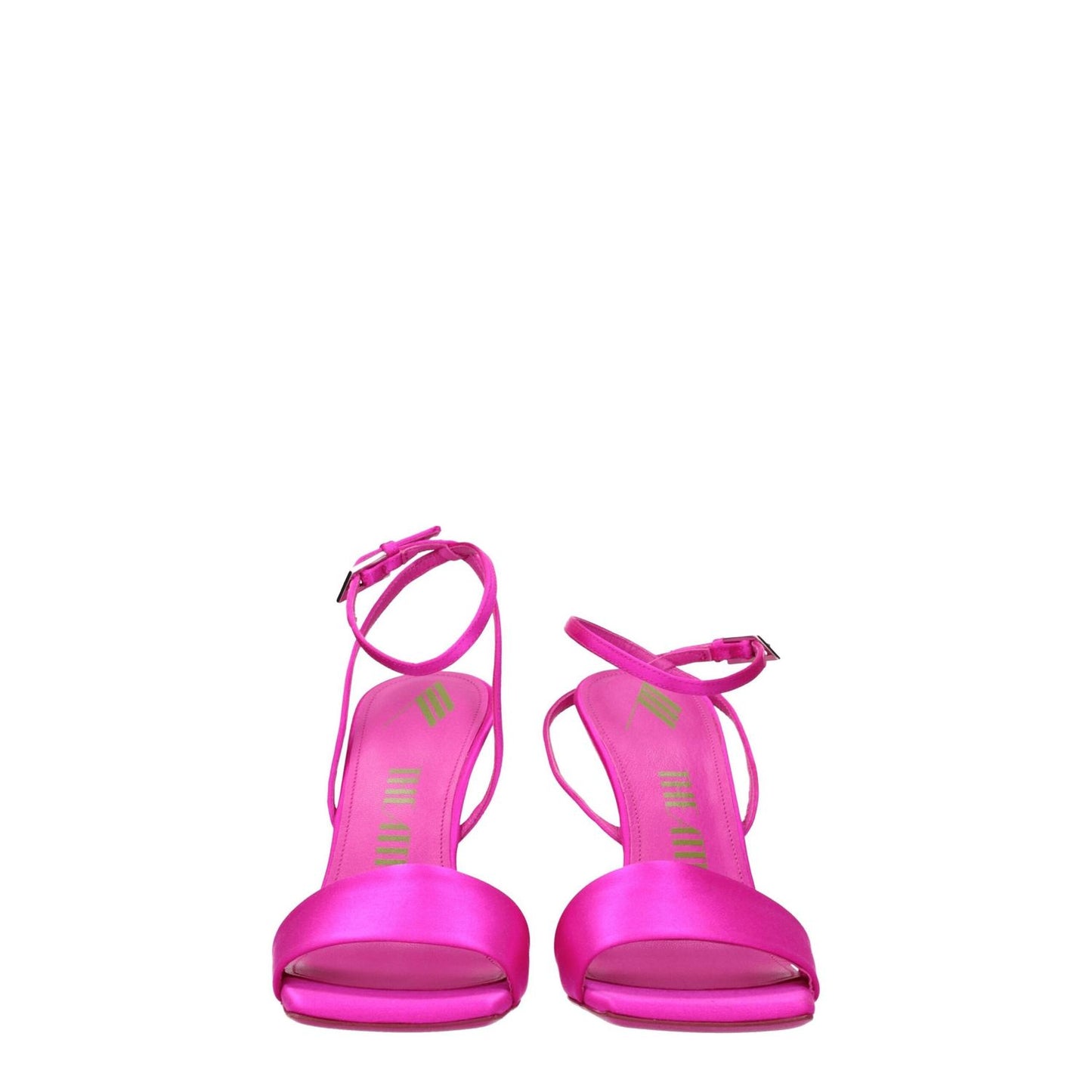 Front view of The Attico Pink Satin Platform Sandals with self-tie closures and high heels.