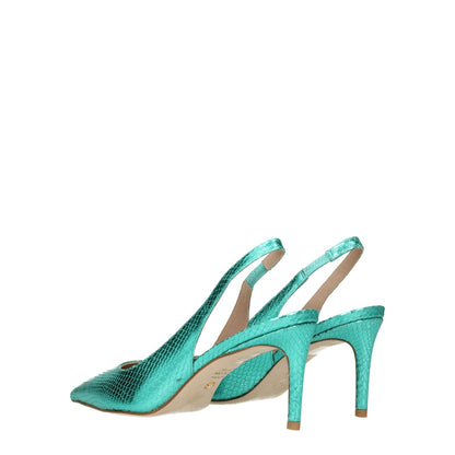 Stuart Weitzman Green Leather High Heel Pumps with snake print, pointy toe, and mid heels, side view