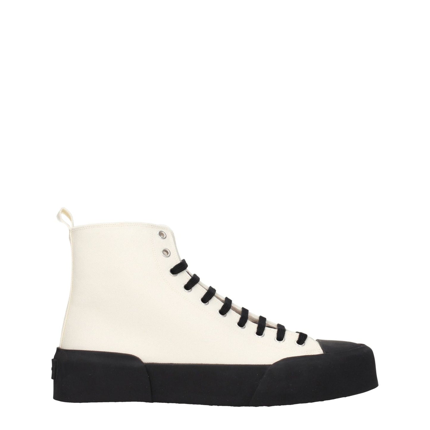 Jil Sander Beige Fabric High Top Sneakers with black sole and lace-up closure, featuring a back logo and round toe design.
