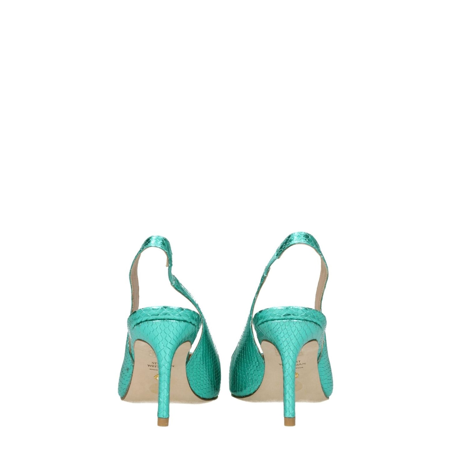 Back view of Stuart Weitzman Green Leather High Heel Pumps with pointy toe and snake print design.