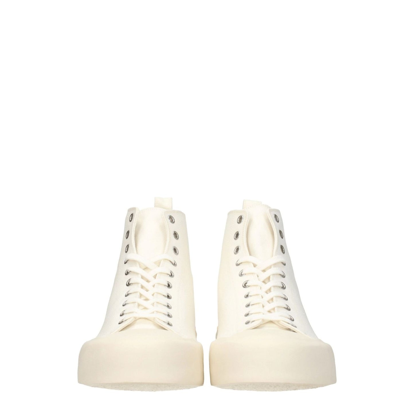 Jil Sander Beige Fabric High Top Sneakers with ivory accents, lace-up closure, and rubber sole, sporty glam style with mid heels.