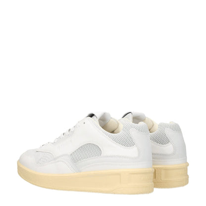 Jil Sander White Leather Low Top Sneakers with light grey accents, lace-up closure, and mid heels, featuring a back logo detail.
