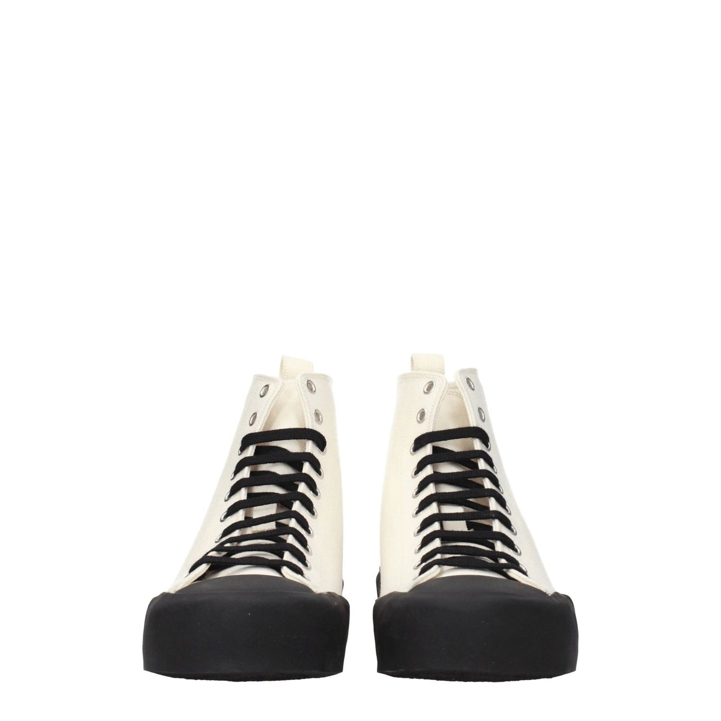 Jil Sander Beige Fabric High Top Sneakers with back logo, lace-up style, rubber sole, and black accents, mid heels, sporty glam design.