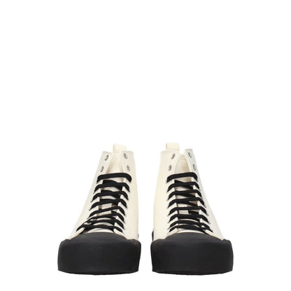 Jil Sander Beige Fabric High Top Sneakers with back logo, lace-up style, rubber sole, and black accents, mid heels, sporty glam design.