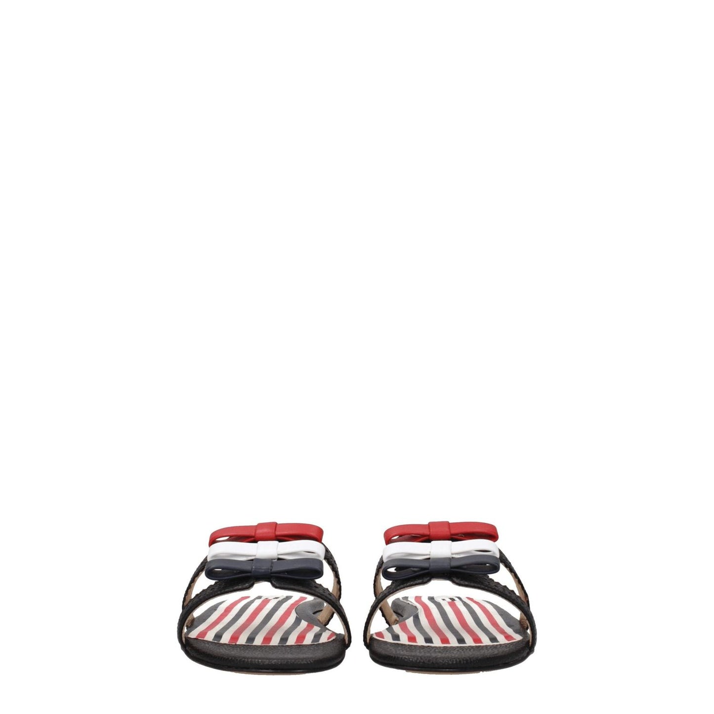 Thom Browne Black Leather Slippers with open toe, low flat heel, and striped insole detailing.