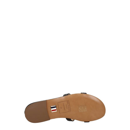 Sole view of Thom Browne Black Leather Slippers showing open toe design and flat heel.