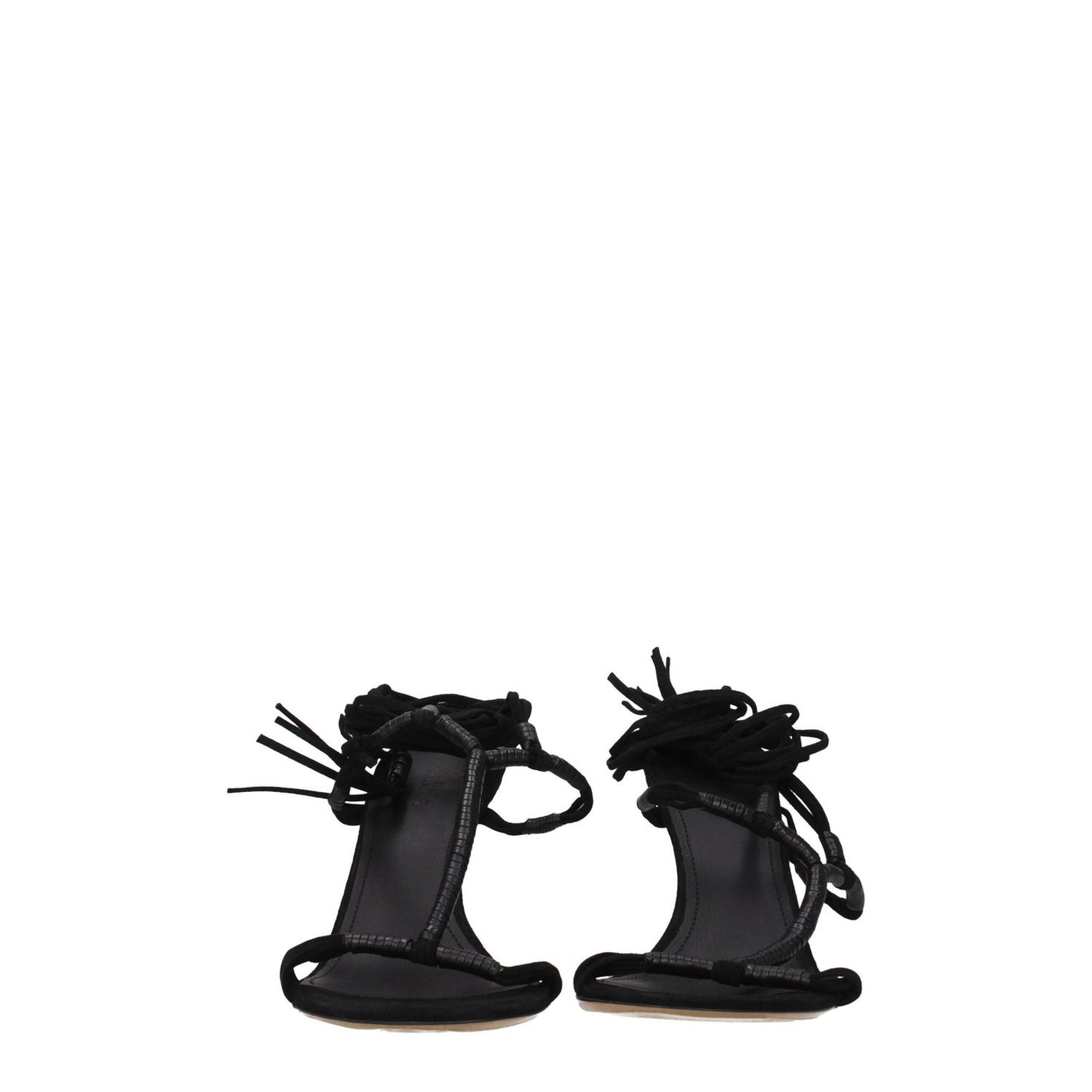 Isabel Marant Black Leather Stiletto Heel Sandals with suede, open toe, and self-tie closures, featuring a high heel design.