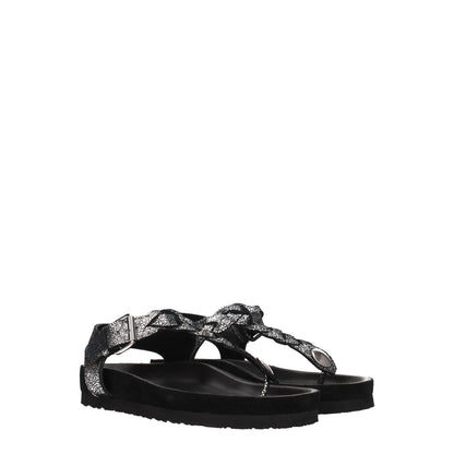 Isabel Marant Black Leather Flip-Flop Sandals with silver details, suede material, open toe, flat heel, and rubber sole.