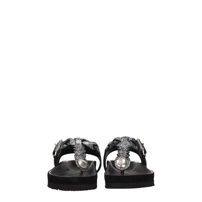 Rear view of Isabel Marant Black Leather Flip-Flop Sandals with suede and silver details, open toe design, and low flat heel.