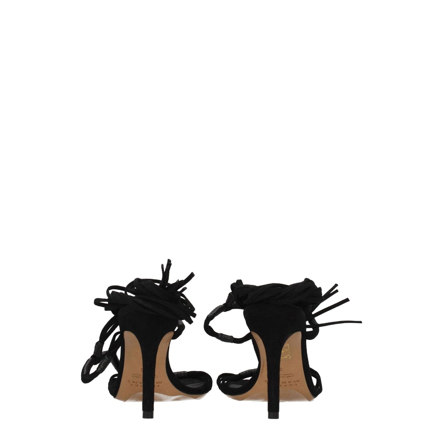 Isabel Marant Black Leather Stiletto Heel Sandals with open toe and self-tie closures, back view showing high heel design.